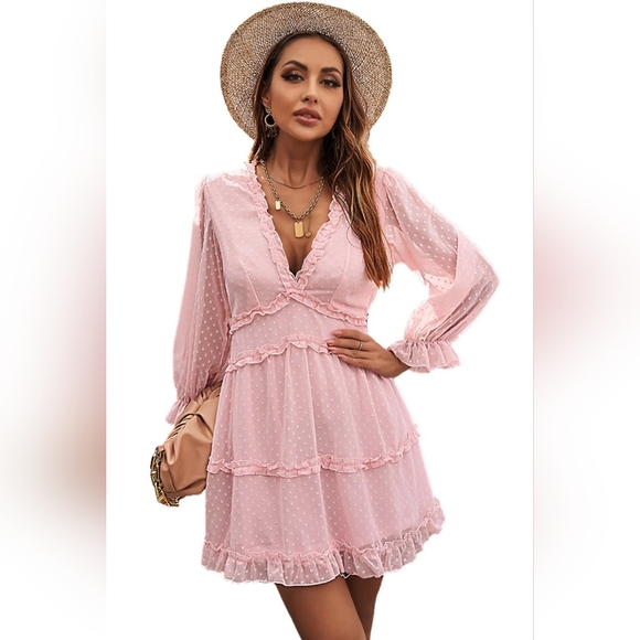 Pink Mini Dress Size Large No Brand Tag Tulle Polka Dot Open Back Ruffle Tiered - Picture 1 of 7